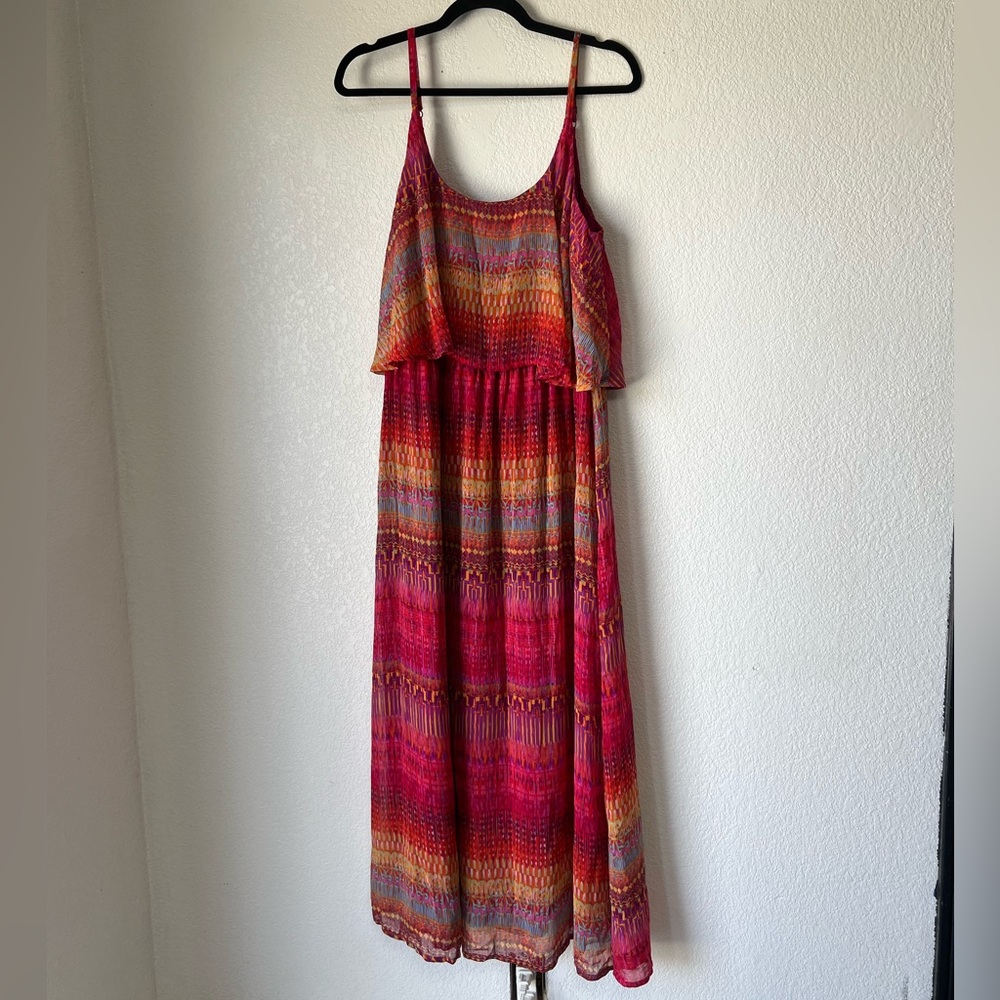 Boutique Vibrant Fuchsia Chiffon Maxi Dress L Boho Flowy Colorful Summer Resort